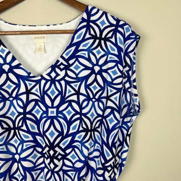 Chico's 3 Maxi Dress XL Blue White‎ Sleeveless Geo Print Jersey Knit Slit V-Neck - Picture 7 of 12